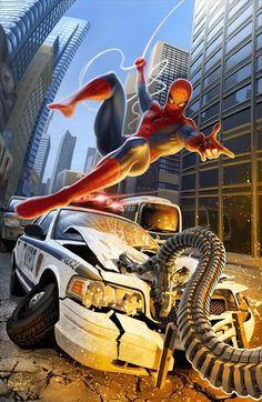 a spider - man flying over a wrecked car in the middle of a city