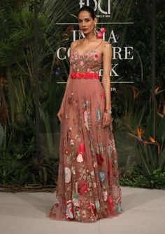 Varun Bahl-Old Rose Embroidered Tulle Gown-INDIASPOPUP.COM Old Rose Gown, Rose Gown, Blouse Yoke, Modern Gown, Old Rose, Embroidered Tulle, Tulle Gown, Modern Colors, Floral Embroidery