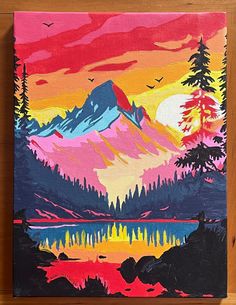 an acrylic painting of a mountain lake and pine trees with sunset in the background