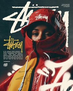 a man wearing a red hoodie and yellow jacket with graffiti on the cover of a magazine