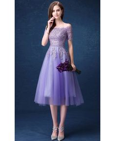 Shop affordable romantic a-line off-the-shoulder tea-length tulle formal dress with beading online. Custom-made any size or color. Pro since 2009. Lilac Homecoming Dress, Vestido Color Lila, Tea Length Tulle, Outfit Ideas For Church, Cheap Homecoming Dresses, Arabic Jokes, 파티 드레스, Short Prom Dress, Mothers Dresses