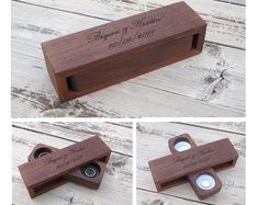 three different shots of a wooden box with two wedding rings in it