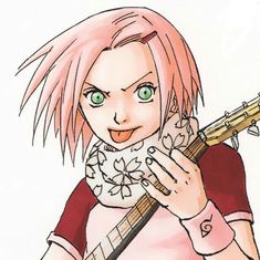 a drawing of a girl with pink hair holding a guitar and looking at the camera