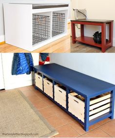 there are three different pictures of the same bench and storage bins in this room