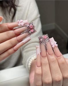 Long Freestyle Nails, Baddie Bling Nails, Baby Pink Nails Acrylic, Freestyle Nails, Baby Pink Nails, Bows Pink, Coquette Bows, Cute Nail Art Designs