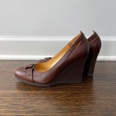 Brand New, Never Worn, Brown/Cognac Via Spiga Wedge Shoes In Size 7. Square Ring And Rivet Detailing Up Front And Rivet And Open Slits On Back Sides Of Wedges. Soft Leather And Made In Italy. Heel Is 3.5 Inches. Brown Round Toe Wedge Sandals For Formal Occasions, Fitted Brown Wedge Heels, Medium Width Wedge Sandals With Round Toe For Work, Square Ring, Square Rings, Shoes Brand, Womens Shoes Wedges, New Woman, Shoe Brands