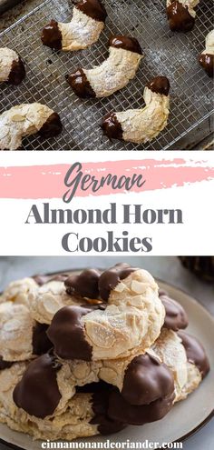 german almond horn cookies on a cooling rack with text overlay reading german almond horn cookies