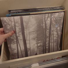 a person holding up an album with trees in the background