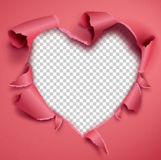 a heart shaped hole in the middle of pink paper with torn edges on a checkered background