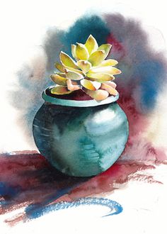 a watercolor painting of a potted plant on a table with red and blue background