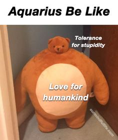 a large teddy bear sitting in the corner of a room with text on it that reads, aquarius be like tolerance for stupidity love for human kind