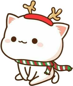 a white cat with reindeer antlers on its head wearing a scarf and a red hat