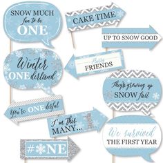 blue and white snow themed photo booth props