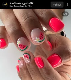 Gel Nails For Hawaii Vacation, Watermelon Nail Ideas, Natural Summer Nails Short, Orange Slice Nails, Watermelon Nails Design, Summer Nails Watermelon, Watermelon Nail Designs, Fruit Nail Designs, Fruit Nails