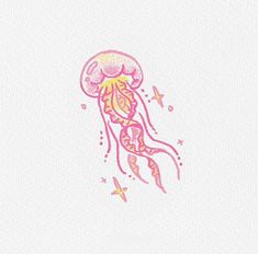 a drawing of a jellyfish in pink and yellow on a white background with stars