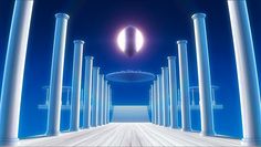 an abstract image of columns and a ball in the sky with lights on it's sides