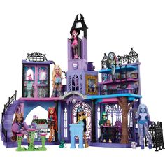 the monster high school playset is shown in purple and blue with lots of accessories