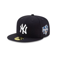 The New York Yankees World Series Side Patch 59FIFTY Fitted Cap features an embroidered Yankees logo at the front panels with a World Series Side patch at the left-wear side and a team color MLB Batterman logo at the rear. Additional details include a gray undervisor. Collegiate Navy Baseball Cap With Flat Bill, Blue Sports Fitted Hat With Logo Patch, Blue Fitted Hat With Logo Patch For Sports, Navy Sporty Fitted Hat With Flat Bill, Baseball Season Team Logo Cap For Fans, Sports Fan Baseball Cap With Flat Brim For Streetwear, Sports Fan Baseball Cap For Streetwear, Navy Fitted Hat For Sports Events, Navy Flat Bill Hat For Sports Events