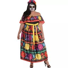 Sugar Skull Beauty Plus Size Costume for Adults - Day of the Dead Colorful Costume, Dead Costume, Satin Ruffle Dress, Day Of The Dead Halloween, Plus Size Costume, Scary Halloween Costumes, Costume Themes, Floral Headband, Costumes For Sale