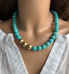 "Make a bold statement with this timeless Turquoise necklace. Materials: Turquoise Howlite beads, Gold Plated Acrylic bead, Gold plated brass clasp and extension chain. Size: 17\" with 2\" extension (up to 19\" long) If you prefer different length, please ask. Available with or without the gold beads. Please make your style selection at the checkout. Your purchase comes in a beautiful box that is ready to give as a gift or to keep for yourself. **Want a custom design? Just ask! The custom made j Chunky Turquoise Necklace, Small Heart Necklace, Initial Heart Necklace, Turquoise Choker, Turquoise Statement Necklace, Beach Necklace, Beach Necklaces, Necklace Chunky, Necklace Turquoise