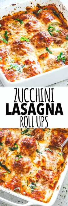 zucchini lasagna roll ups in a white casserole dish