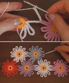 crocheted flowers are being worked on with yarn and thread to make them look like they're floating