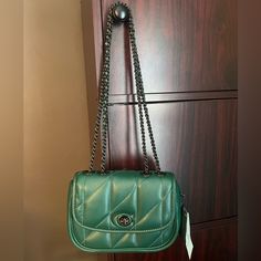 Nwt Coach Pillow Madison 18 Small Nappa Leather Shoulder Bag Pine Green. Turn-Lock Closure. Dust Bag Included.Does Have A Few Indentation Marks As This Was Sitting In My Closet. Also Has A Light Scuff Mark On The Back Of The Bag. As Seen In Photos. Otherwise It’s In Beautiful Condition Pillow Madison Coach, Coach Pillow Madison Bag, Coach Pillow Madison, Coach Pillows, Pine Green, Nappa Leather, Coach Bags, Mini Bag, Leather Shoulder Bag