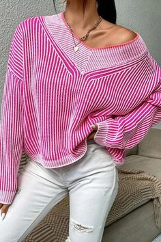 Make a statement and stay warm when wearing this hot pink and white striped v-neck knit sweater! Pairs perfectly with your favorite bottoms! Fit is true to size. 35%Cotton 65%Polyester Clothes Hacks, Batwing Sleeve Sweater, Chique Outfit, Hot Pink Sweater, Pull Rose, Slim Sweater, Oversize Knit, Drop Shoulder Sweaters, Arte Popular