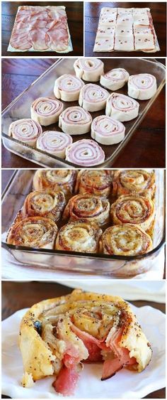 several different types of pastries on plates and in pans, including ham rolls