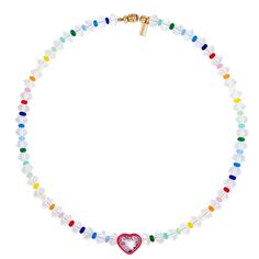 Heart Crystal Necklace White Crystal Necklaces With Heart Shaped Round Beads, Multicolor Beaded Heart Pendant Necklace, Heart-shaped Colorful Beads Necklace For Jewelry Making, White Beaded Necklaces With Heart And Round Beads, White Beaded Necklace With Heart And Round Beads, Multicolor Heart-shaped Beaded Chain Jewelry, Rainbow Necklaces With Heart-shaped Beads, Multicolor Heart-shaped Beaded Chain Necklace, Heart-shaped Faceted Beads Necklace For Jewelry Making