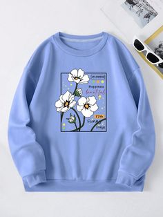 Floral & Letter Graphic Thermal Pullover Baby Blue Casual  Long Sleeve Fabric Floral,Letter Pullovers Slight Stretch Fall/Winter Women Clothing, size features are:Bust: ,Length: ,Sleeve Length: Oversized Sweatshirt Outfit, Stylish Hoodies, Fashion Top Outfits, Women Sweatshirt, Sweat Shirts, Easy Trendy Outfits, Fabric Floral, Really Cute Outfits, Teen Fashion Outfits