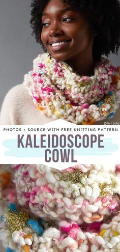 a woman wearing a knitted cowl with text overlay that reads, photos - source with free knitting pattern kaleidoscope cowl