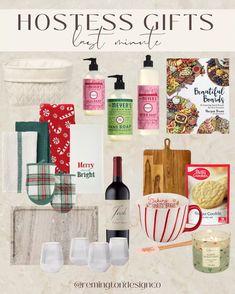 an advertisement for hostess gifts with wine, cookies and other holiday gift items on it