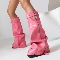 Shop Women's Pink Round Toe Fold-over Boots Platform Wedge Heel Y2K Fashion Boots color Pink for Dancing Club, Night Club, Party with worldwide Free shipping & Free return. Oversized Boots, Navy Blue Wedding Shoes, Royal Blue Wedding Shoes, Blue Satin Heels, Platform Knee High Boots, Kitten Heel Wedding Shoes, Navy Wedding Shoes, Cheetah Print Shoes, Neon Sandals