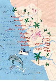 an illustrated map of the island of san diego, california with dolphins and palm trees