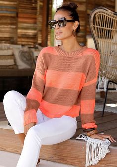 Combine this stylish block striped sweater with white pants for a nice look. Stripe Sweatshirt, Bra Fitting Guide, Color Trends Fashion, Classic Sweater, Crochet Jacket, Women's Wear, Cardigan Pattern, Selling Clothes, White Pants