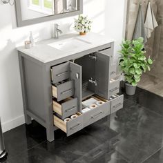 a bathroom vanity with drawers and a mirror on the wall, next to a potted plant