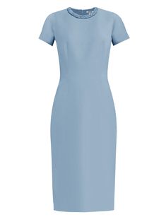 Sheath Dress With Sleeves, High Neck Long Dress, Lawyer Fashion, Dress Work, Blue Shift Dress, Dress With Sleeves, Uptown Girl, Timeless Dress, Novelty Fabric