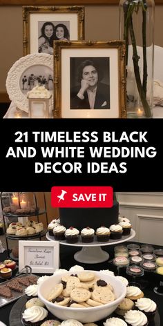 Discover stunning black and white wedding decor ideas featuring a dessert table and vintage framed photos. This pin utilizes 2 images showcasing timeless styles perfect for any chic wedding.