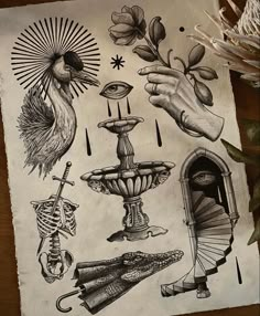 an ink drawing of different things on paper