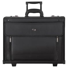 a black rolling suitcase with wheels and handle on top of white background, front view