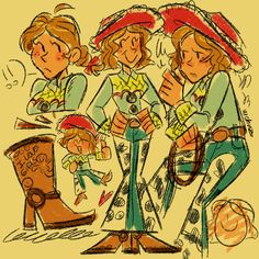 a drawing of three women with hats and boots