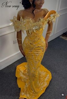 Nigeria Yellow Mermaid Evening Dresses Elegant African Beaded Prom Dress Pearls Wedding Party Gowns Prom Dress Pearls, Yellow Mermaid, Prom Dresses Ideas, Satin Sleeves, Beaded Mermaid, Evening Dress Long