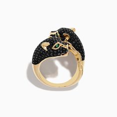 Effy Signature 14K Yellow Gold Emerald and Diamond Panther Ring Collectible 14k Gold Rings With Vs Clarity, Luxury Black Elegant Emerald Ring, Luxury Green Snake Ring In Fine Jewelry Style, Collectible Black 14k Gold Jewelry, Luxury Green Diamond Ring In 14k Gold, Black Ring, Black Multi-stone Rings For Anniversary, Black Multi-stone Round Rings, Black Multi-stone Anniversary Rings