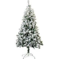 a white christmas tree with snow on it's branches and an upside down stand