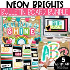 the neon brights bulletin board bundle is shown with text and images for each section