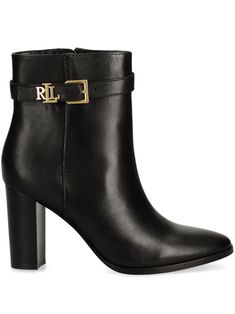 black leather side zip fastening mid block heel buckle-strap fastening gold-tone logo plaque round toe ankle-length Lauren Bailey, Slouchy Ankle Boots, Ralph Lauren Heels, Polo Ralph Lauren Shoes, Ralph Lauren Boots, Wardrobe Edit, Ralph Lauren Shoes, Flat Boots, Ballet Flat Shoes