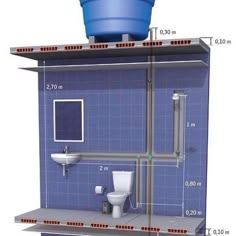 a blue and white bathroom with measurements for the toilet, sink, and shower area