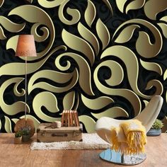 a living room scene with focus on the floor and wall papered in gold swirls