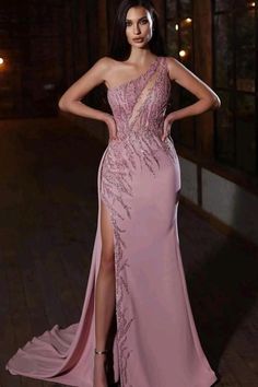 Pink Prom Dresses Mermaid, Applique Prom Dress, Prom Dress Mermaid, One Shoulder Prom Dress, Pink Evening Dress, Rose Applique, Pink Prom Dress, Dress Mermaid, Elegant Prom Dresses